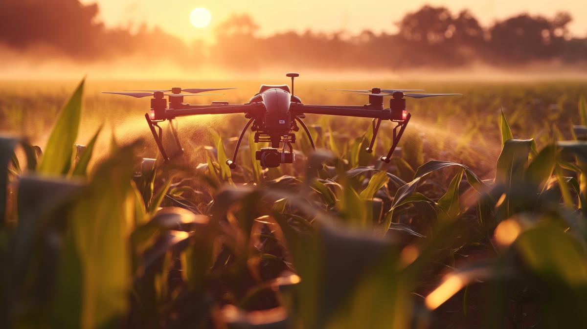 Drone similar to a DJI Inspire 2 flying low over a corn field in the late day sun which technically speaking is a very poor time to conduct such operations.
