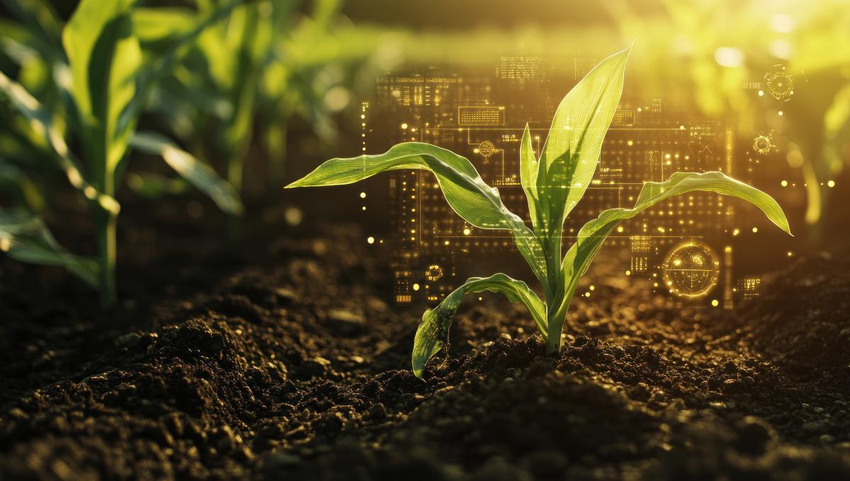 AI-generated photorealistic image of small corn plants with a sunflare in the background. The image as a digital overlay meant to imply computer data associated with the corn plants.